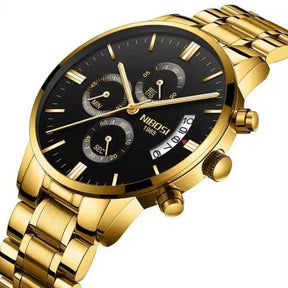 Relógio Nibosi Masculino 2309 Com Pulseira de Aço Inoxidável Prata e Dourado Com Visor Preto