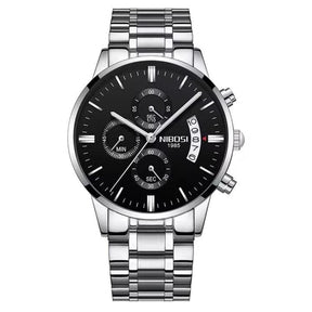 Relógio Nibosi Masculino 2309 Com Pulseira de Aço Inoxidável Prata e Visor Preto