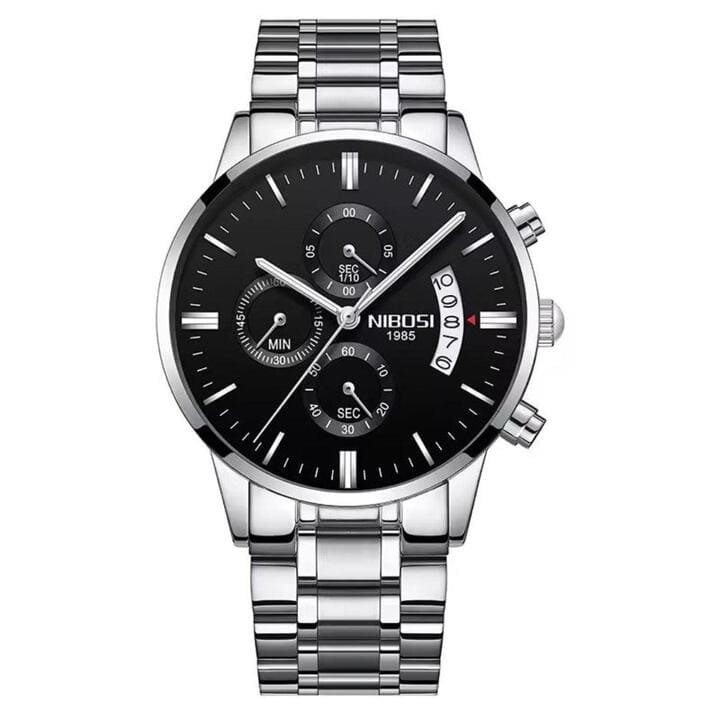 Relógio Nibosi Masculino 2309 Com Pulseira de Aço Inoxidável Prata e Visor Preto