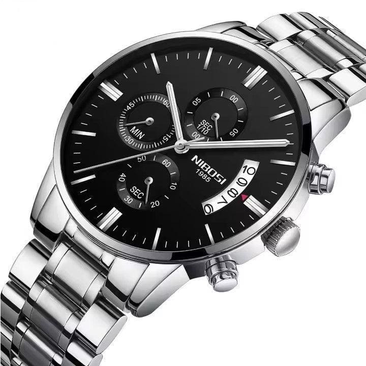 Relógio Nibosi Masculino 2309 Com Pulseira de Aço Inoxidável Prata e Visor Preto