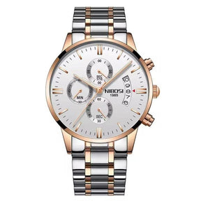 Relógio Nibosi Masculino 2309 Com Pulseira de Aço Inoxidável Prata  e Rosê  Com Visor Branco 