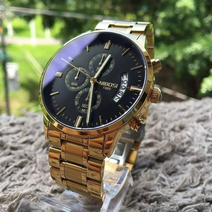 Relógio Nibosi Masculino Clássico dourado com pulseira de aço inoxidável