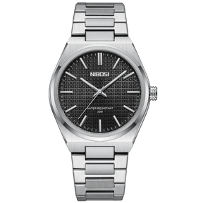 Relógio Nibosi Minimalista Masculino de Aço Inoxidável Prata Com Visor Preto