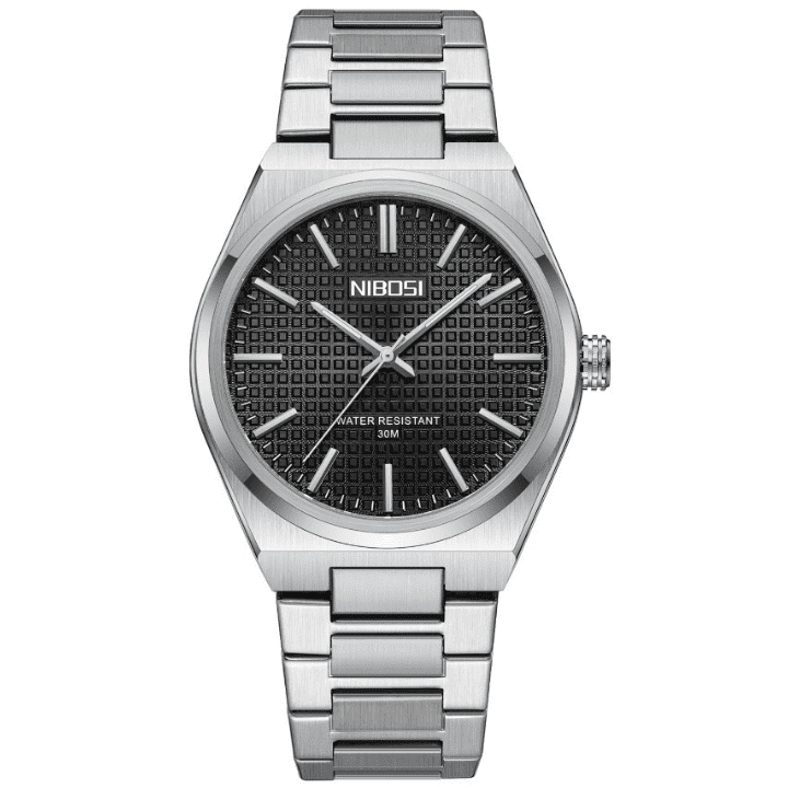Relógio Nibosi Minimalista Masculino de Aço Inoxidável Prata Com Visor Preto