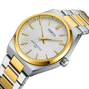 Relógio Nibosi Minimalista Masculino de Aço Inoxidável Prata e Dourado Com Visor Branco