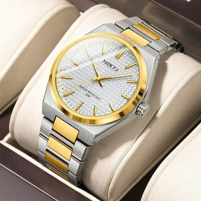 Relógio Nibosi Minimalista Masculino de Aço Inoxidável Prata e Dourado Com Visor Branco