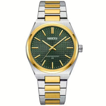 Relógio Nibosi Minimalista Masculino de Aço Inoxidável Prata e Dourado Com Visor Verde