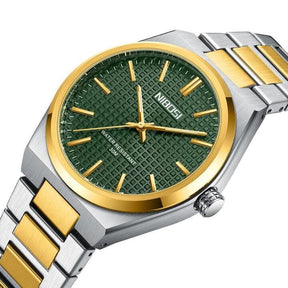Relógio Nibosi Minimalista Masculino de Aço Inoxidável Prata e Dourado Com Visor Verde