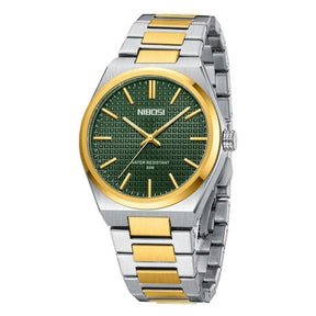 Relógio Nibosi Minimalista Masculino de Aço Inoxidável Prata e Dourado Com Visor Verde