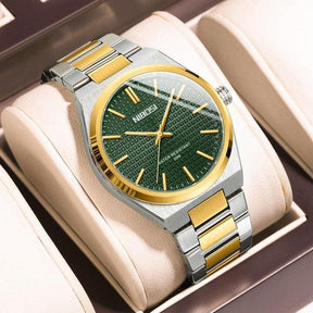 Relógio Nibosi Minimalista Masculino de Aço Inoxidável Prata e Dourado Com Visor Verde