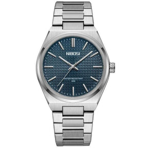 Relógio Nibosi Minimalista Masculino de Aço Inoxidável Prata Com Visor Azul