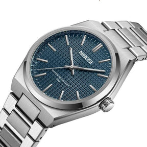 Relógio Nibosi Minimalista Masculino de Aço Inoxidável Prata Com Visor Azul