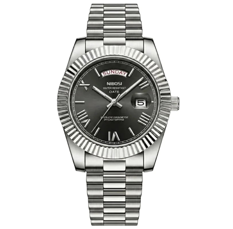 Relógio Nibosi Masculino 2628 Com Pulseira de Aço Inoxidável Prata e Visor Preto
