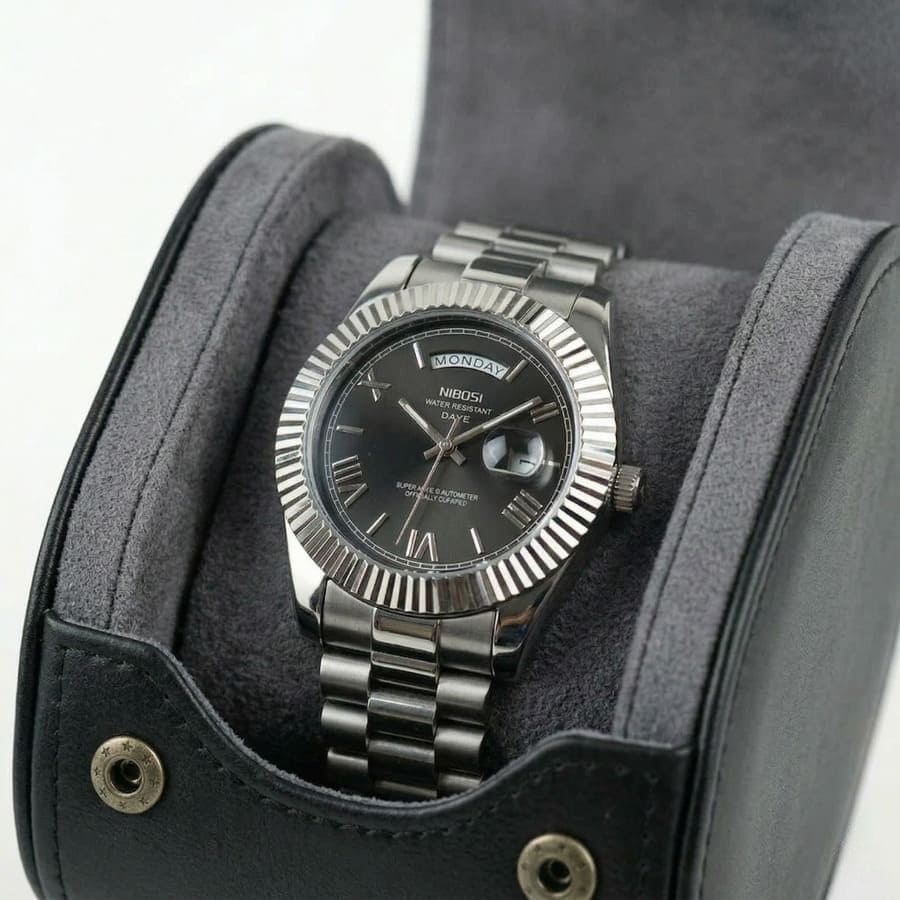 Relógio Nibosi Masculino 2628 Com Pulseira de Aço Inoxidável Prata e Visor Preto