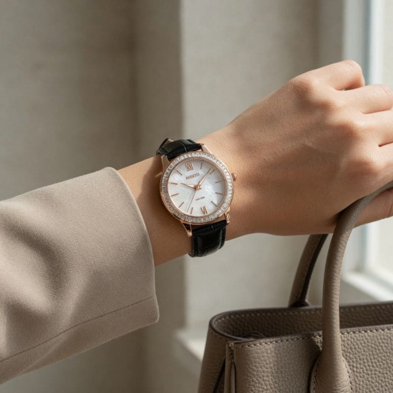 Relógio feminino Nibosi Nataly com pulseira de couro preta e mostrador branco com rosé