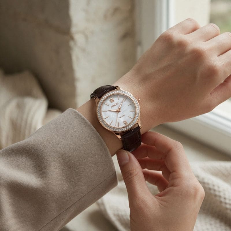 Relógio feminino Nibosi Nataly com pulseira de couro marrom e mostrador branco 