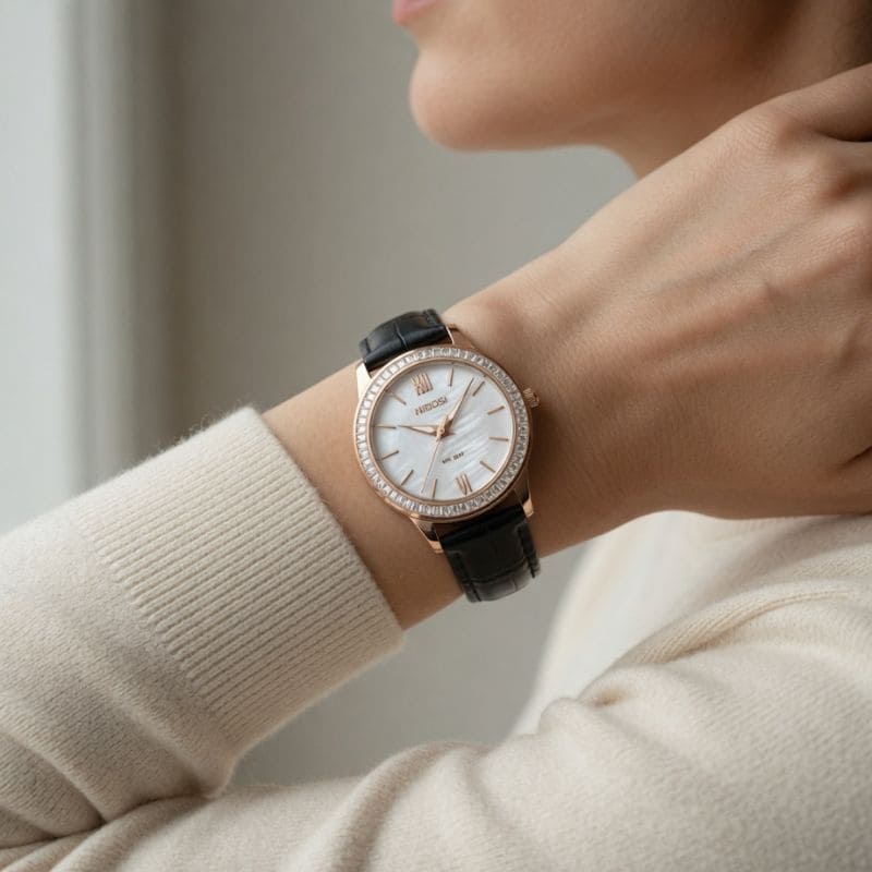 Relógio feminino Nibosi Nataly com pulseira de couro preta e mostrador branco com rosé