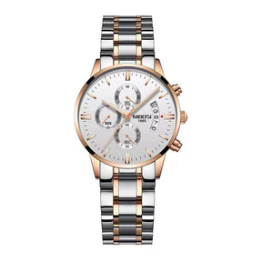 Relogio feminino com pulseira prata com rosé e visor branco 36mm 