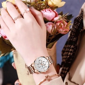 Relogio feminino com pulseira rosé e visor branco 36mm 