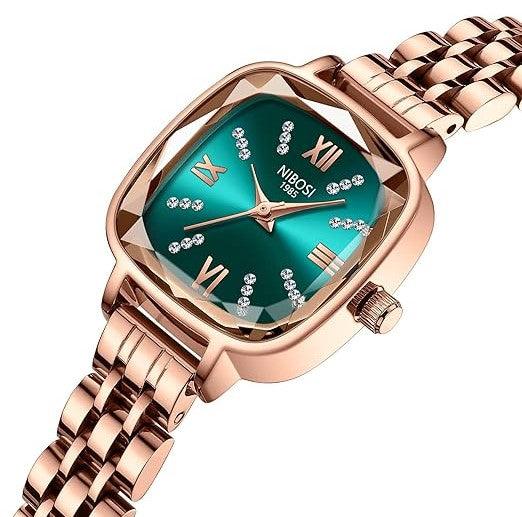 Relógio feminino Nibosi Belle pulseira e caixa rosé com visor verde água