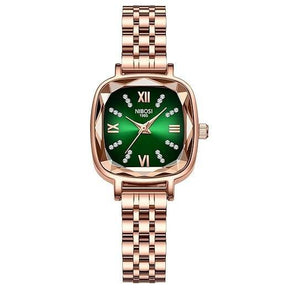 Relógio feminino Nibosi Belle pulseira e caixa rosé com visor verde