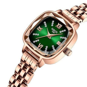 Relógio feminino Nibosi Belle pulseira e caixa rosé com visor verde