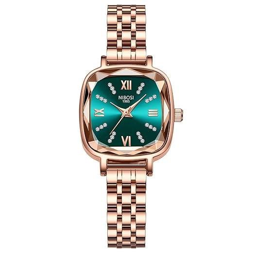 Relógio feminino Nibosi Belle pulseira e caixa rosé com visor verde água