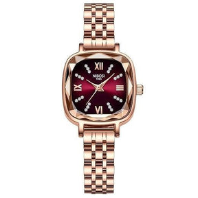 Relógio feminino Nibosi Belle pulseira e caixa rosé com visor vermelho