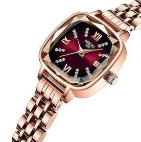 Relógio feminino Nibosi Belle pulseira e caixa rosé com visor vermelho