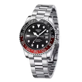 Relógio automático masculino Nibosi Majestic com pulseira em aço inoxidável, caixa prata com vermelho e visor preto