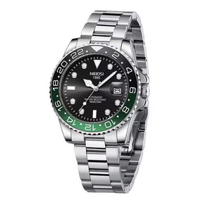 Relógio automático masculino Nibosi Majestic com pulseira em aço inoxidável, caixa preta e verde e visor preto
