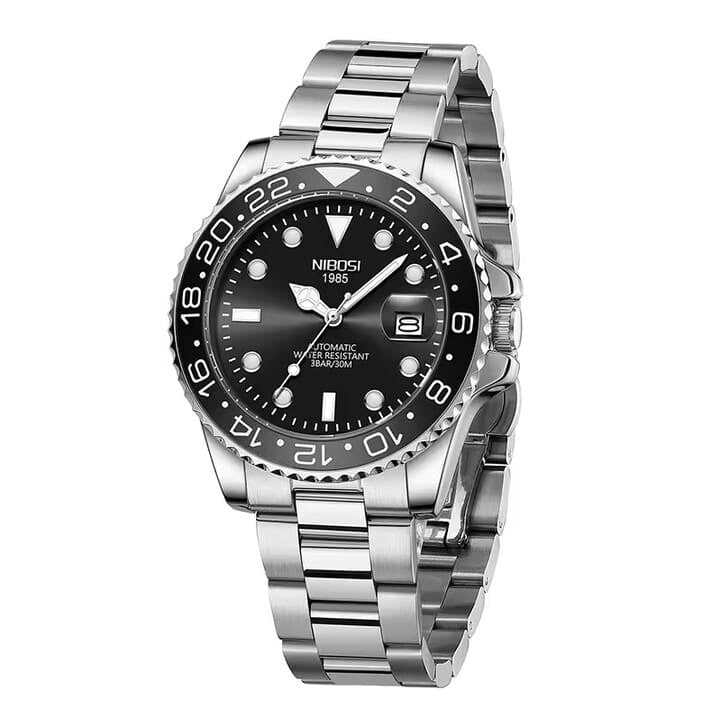 Relógio automático masculino Nibosi Majestic com pulseira em aço inoxidável e visor preto 