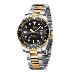 Relógio automático masculino Nibosi Majestic com pulseira em aço inoxidável prata com detalhes em dourado e visor preto