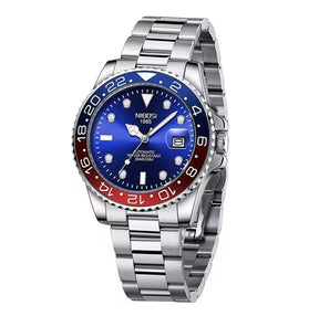 Relógio automático masculino Nibosi Majestic com pulseira em aço inoxidável, caixa azul e vermelha e visor azul
