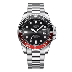 Relógio automático masculino Nibosi Majestic com pulseira em aço inoxidável, caixa prata com vermelho e visor preto