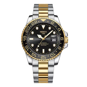 Relógio automático masculino Nibosi Majestic com pulseira em aço inoxidável prata com detalhes em dourado e visor preto