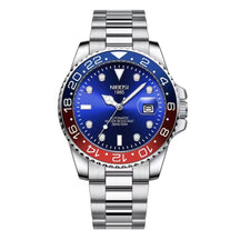 Relógio automático masculino Nibosi Majestic com pulseira em aço inoxidável, caixa azul e vermelha e visor azul