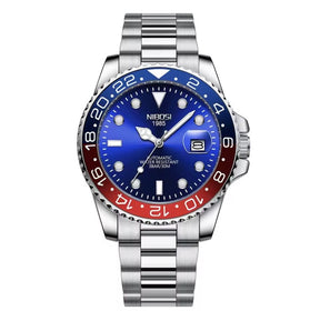 Relógio automático masculino Nibosi Majestic com pulseira em aço inoxidável, caixa azul e vermelha e visor azul