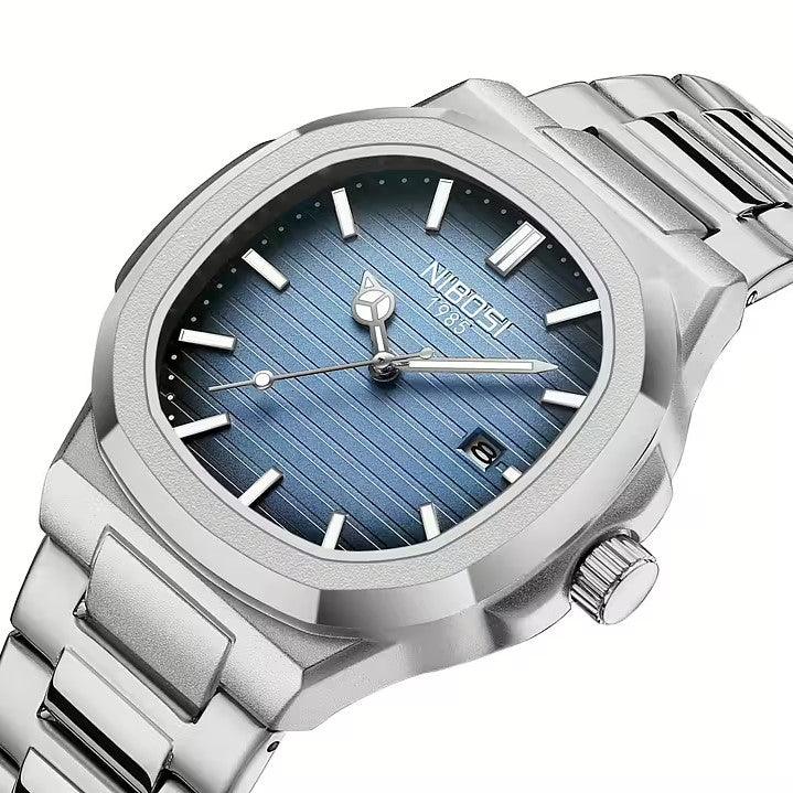 Relógio masculino Nibosi Astronaut modelo 2632 41mm em aço inoxidável com visor azul analógico