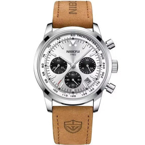 Relógio masculino Nibosi Altus com pulseira de couro e visor branco com cronógrafo funcional