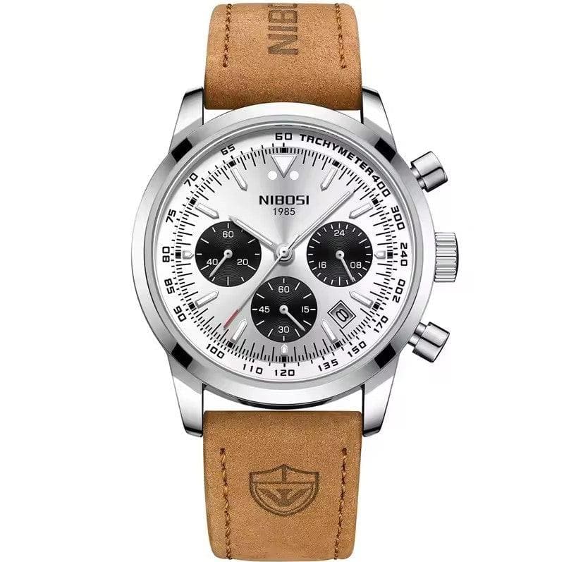 Relógio masculino Nibosi Altus com pulseira de couro e visor branco com cronógrafo funcional