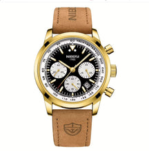 Relógio casual masculino Nibosi Altus com pulseira de couro, caixa dourada e visor preto