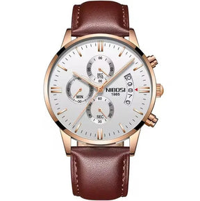 Relógio Social Masculino Nibosi 2309  clássico com pulseira de couro marrom caixa dourada e visor branco