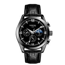 Relógio masculino Nibosi Hermes com pulseira de couro preto com caixa e visor preto com cronógrafo 