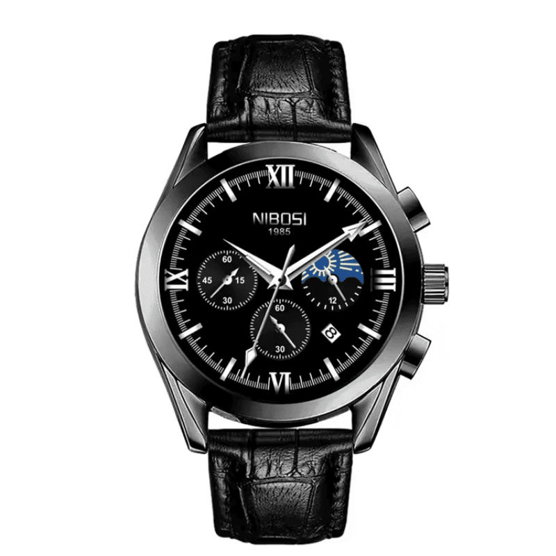 Relógio masculino Nibosi Hermes com pulseira de couro preto com caixa e visor preto com cronógrafo 