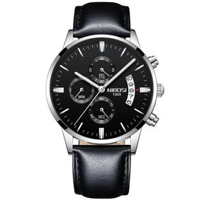 Relógio Nibosi Masculino Clássico preto e prata com pulseira de couro