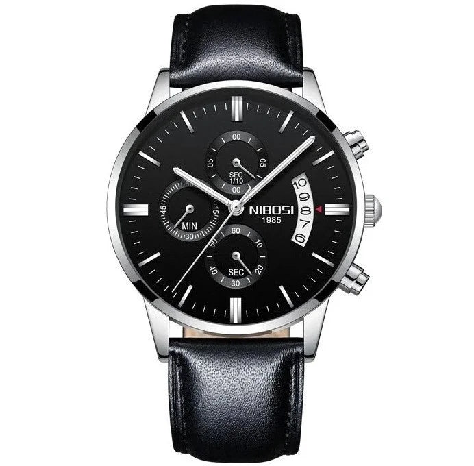 Relógio Nibosi Masculino Clássico preto e prata com pulseira de couro