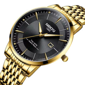 Relógio Nibosi Masculino com pulseira em aço inoxidável dourado com visor preto