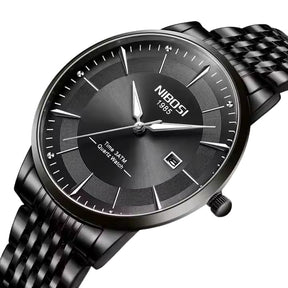 Relógio Nibosi Masculino com pulseira em aço inoxidável preta com visor preto