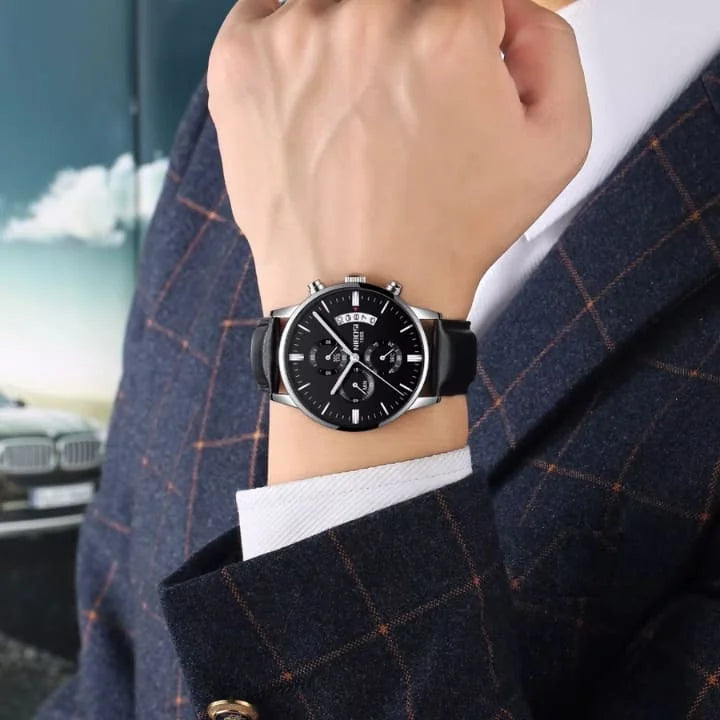 RelÃ³gio Social Masculino Nibosi 2309 com pulseira de couro preta com visor preto 